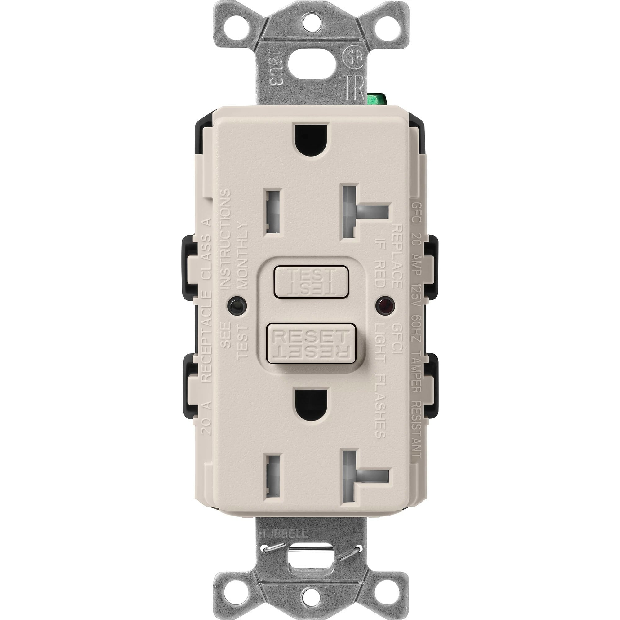 SCR-20-GFST-TP Claro Tamper-Resistant GFCI Duplex Receptacle, Decorator-Style Outlet, 20 Amp, Self-Testing, Satin, Taupe