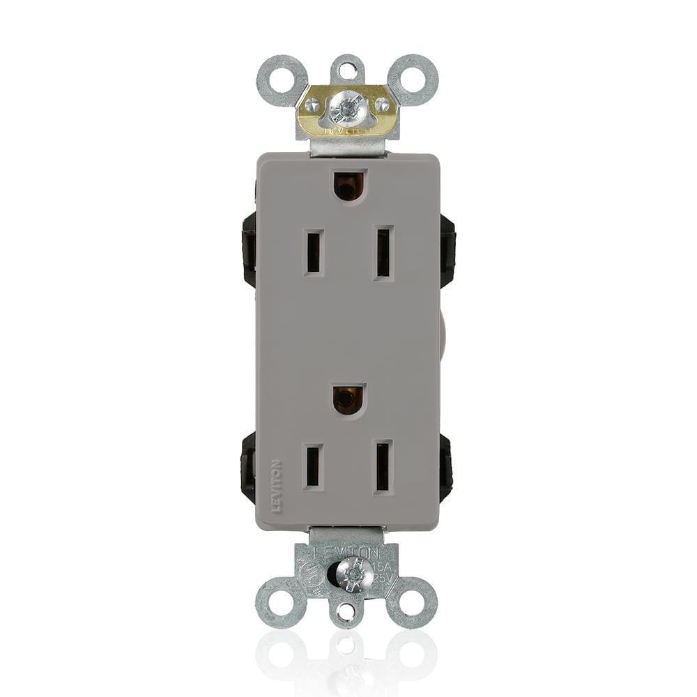 M1626-GY Decora Plus Lev-Lok 1-Phase Duplex Heavy Duty Self-Grounding Straight Blade Receptacle, 125 V AC, 15 A, 2 Poles, 3 Wires, Gray