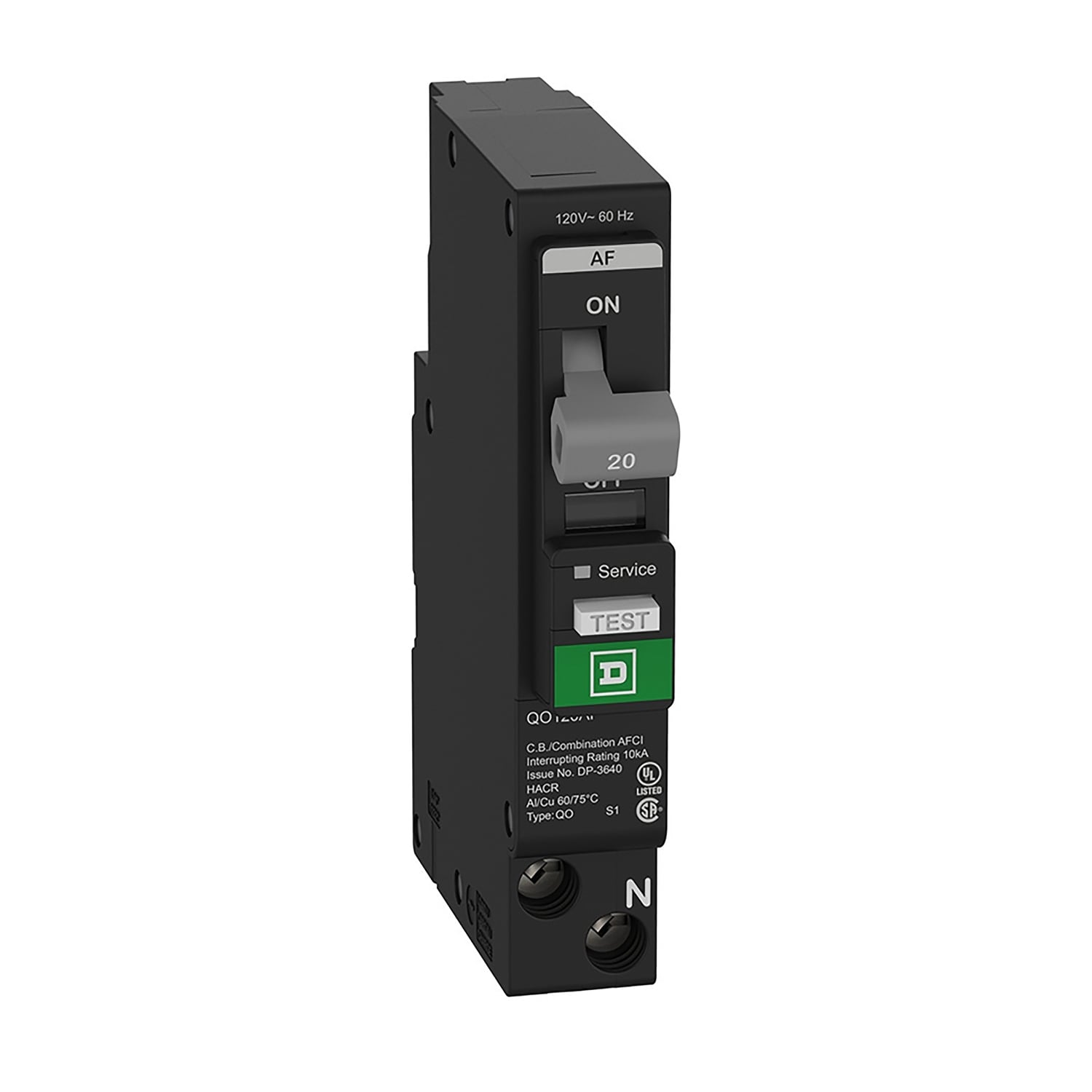 QO120PAF Low Voltage Circuit Breaker, 20 A, 10 kA at 120 VAC Interrupt, 1 Poles