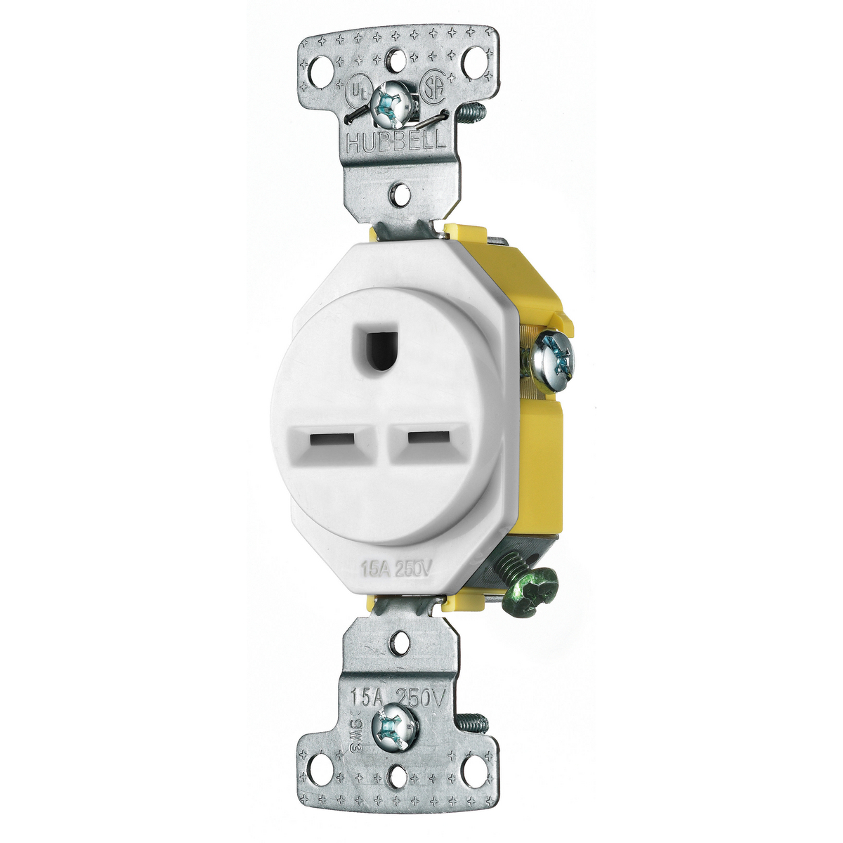 RR155W Single Self-Grounding Standard Screw Mount Straight Blade Receptacle, 250 V AC, 15 A, 2 Poles, 3 Wires, White