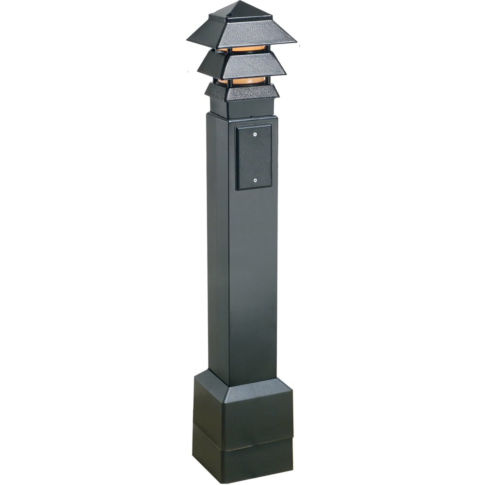 Gard-N-Post. 35" bollard kit comes with Pagoda style light fixture. Openings on both sides of post for back to back power or power on one side and low voltage on the other. Metal support post attaches to surface. The non metallic Gard-N-Post slides over the support post. two 1/2" Knockouts. Color Black. Color is permanent, no chipping.