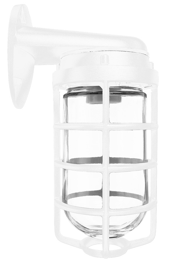 VBR100DGW Vaporproof Light Fixture With Clear Glass Globe and Wire Guard,) A19 Lamp, 120/208/240/277 V AC, White Housing