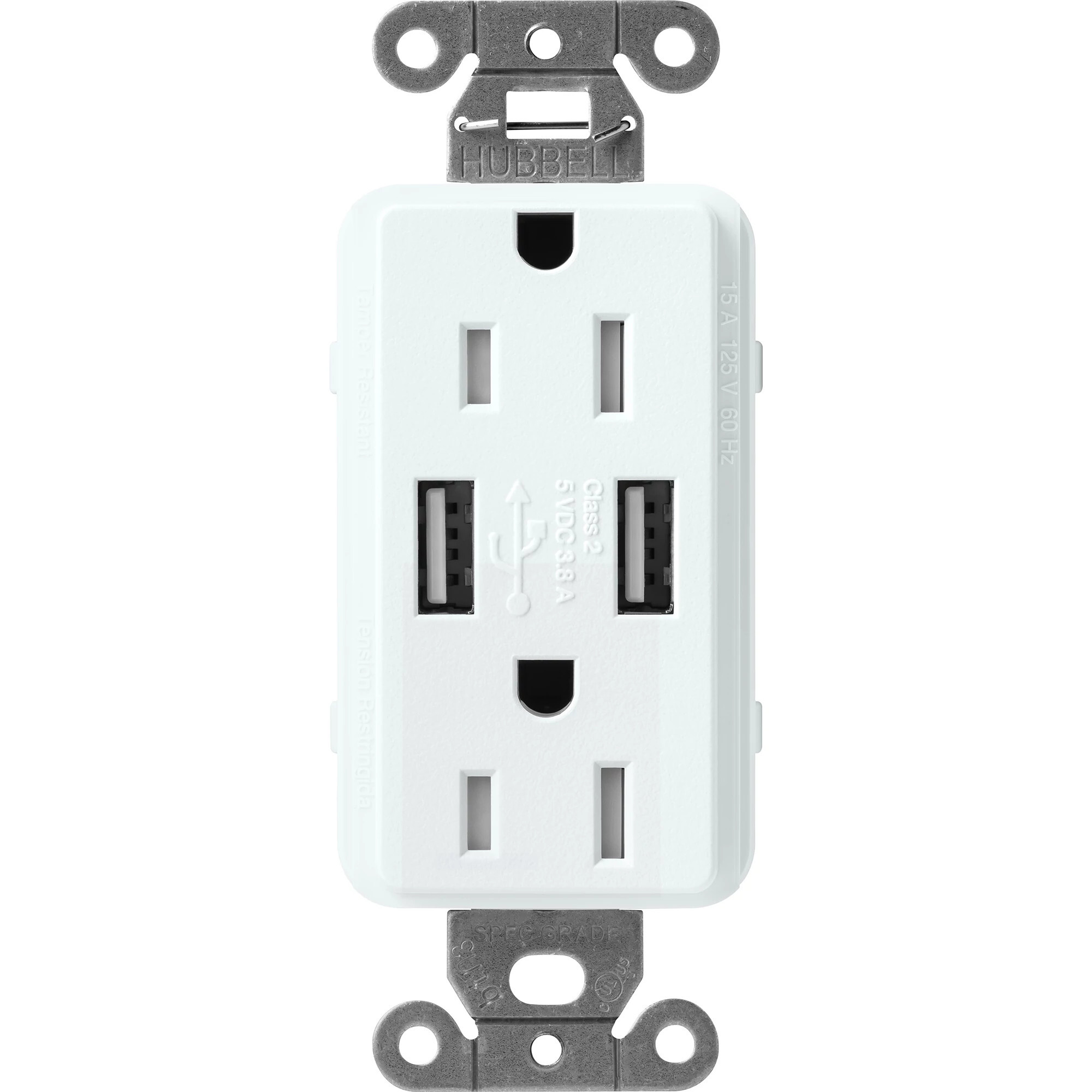 SCR-15-UBTR-GL Claro Tamper-Resistant USB-A Duplex Receptacle, Decorator-Style Outlet, 15 Amp, Self-Testing, Satin, Glacier White