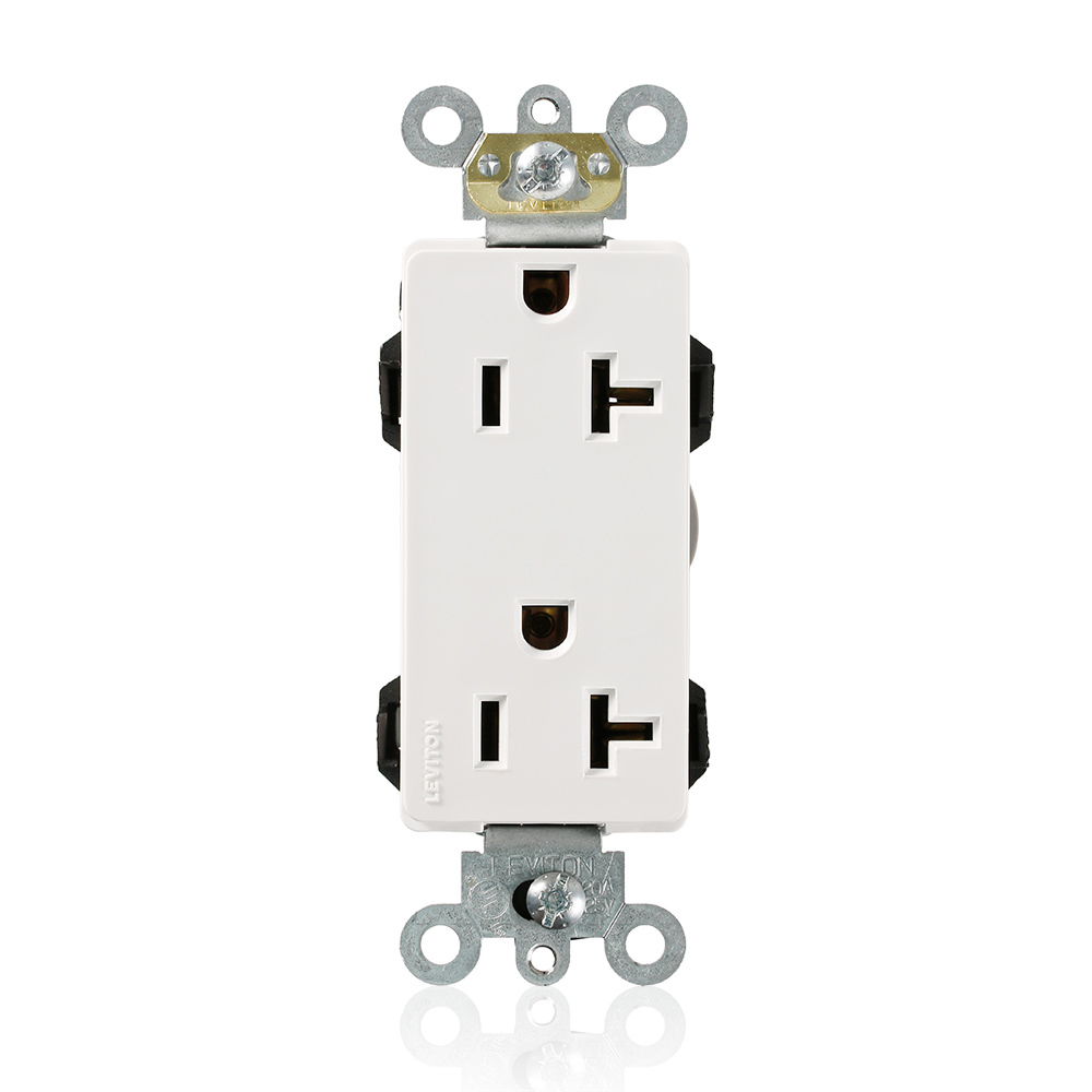 M1636-W Decora Plus Lev-Lok 1-Phase Duplex Heavy Duty Self-Grounding Straight Blade Receptacle, 125 V AC, 20 A, 2 Poles, 3 Wires, White