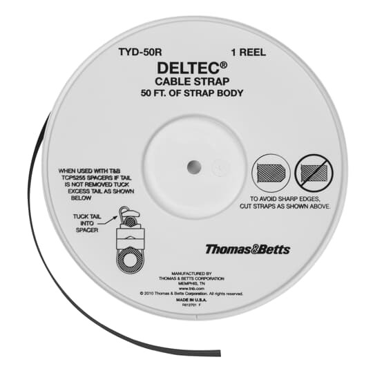 TYD-50R Deltec Strap Reel Cable Tie, 50 ft L x 1/2 in W x 0.06 in THK, Acetal, Black
