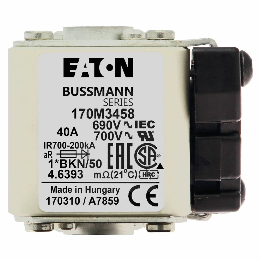 170M3458 Semi-Conductor High Speed Fuse, 40 A, 690/700 V, 200 kA Interrupt, Class: AR, Square Body