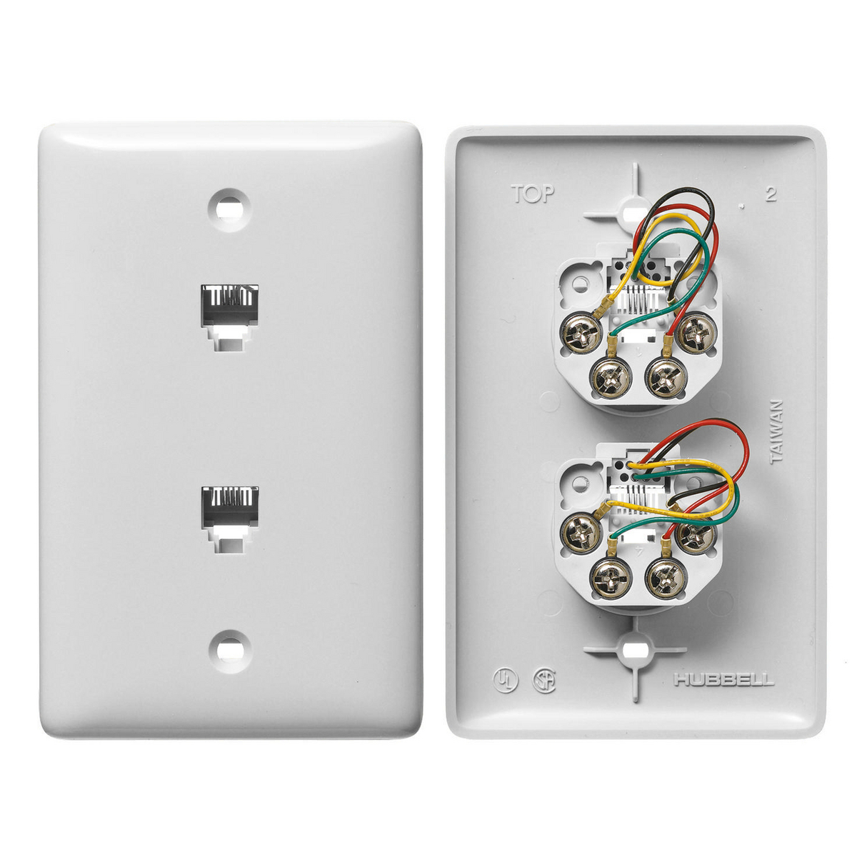 NS745W 1-Gang Mid Sized Standard Molded-In Plate With (2) Jacks, Screw Terminal Connection, Screw Mount, 6-Position 4-Conductor Jack Position