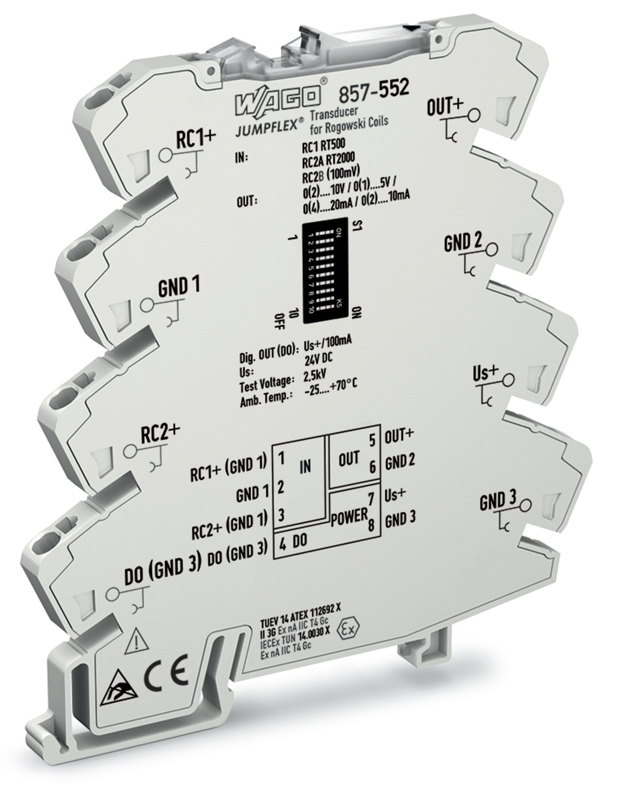 Current signal conditioner; Input for Rogowski coils; Current and voltage output signal; Digital output; Configuration via software; Supply voltage: 24 VDC; 6 mm module width; 2,50 mm