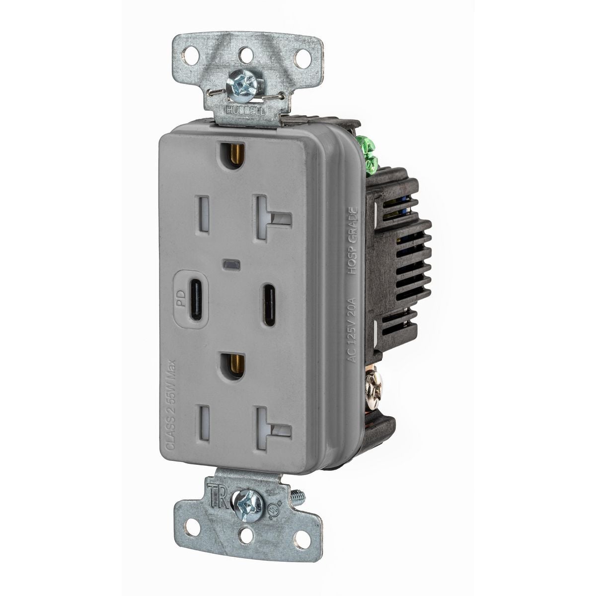 USB20CPDGY USB Charger Tamper Resistant USB, Electrical Ratings: 125 V AC, 20 A, 2 Poles, 3 Wires, Gray