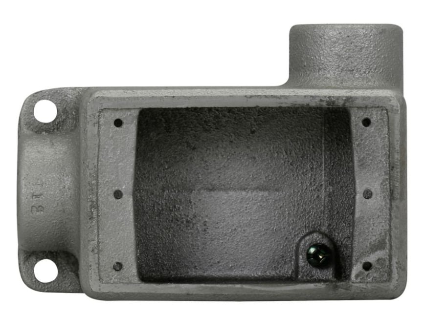 FDR1 Condulet Type FDR 2-Entry 90 deg Deep Conduit Device Box With Mounting Lug, Feraloy Iron Alloy, 23 cu-in Capacity, 1 Gang, 2-3/4 in W x 2-11/16 in D x 6-1/32 in H