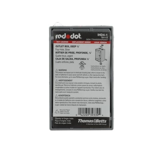 IHD4-1 Red Dot Deep Universal Weatherproof Device Box, Die Cast Aluminum, 24.8 cu-in Capacity, 1 Gangs, 4 Outlets, 4-9/16 in L x 2-13/16 in W x 2 in D