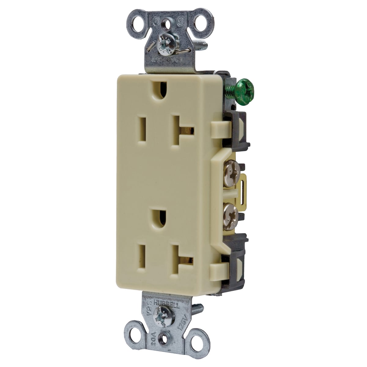 DR20I 1-Phase Decorator Duplex Standard Screw Mount Straight Blade Receptacle, 125 V AC, 20 A, 2 Poles, 3 Wires, Ivory