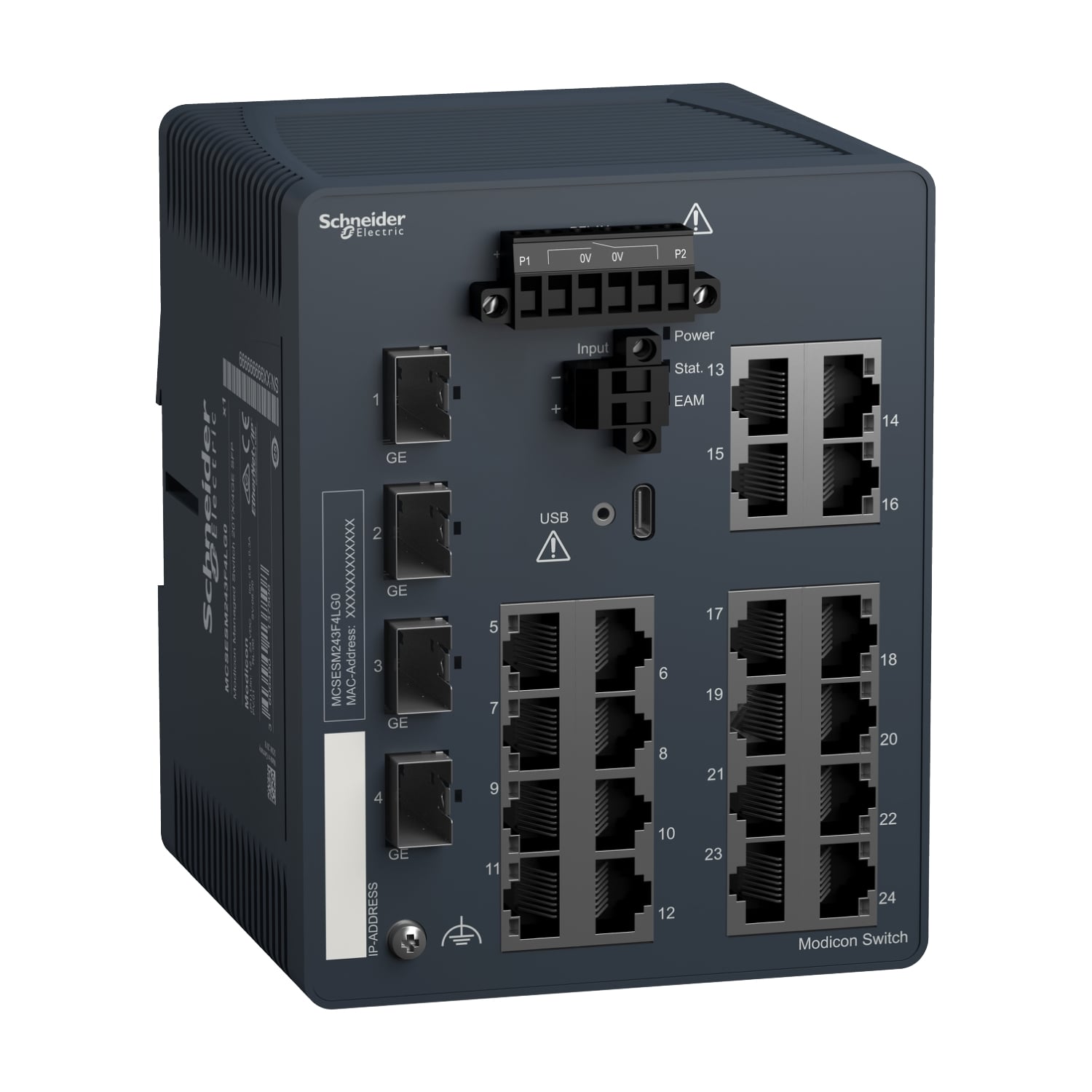 MCSESM243F4LG0 Ethernet TCP/IP Unmanaged Switch, 10/100BASE-TX - 20/100/1000 SFP System, Shielded RJ45 Copper Connectors