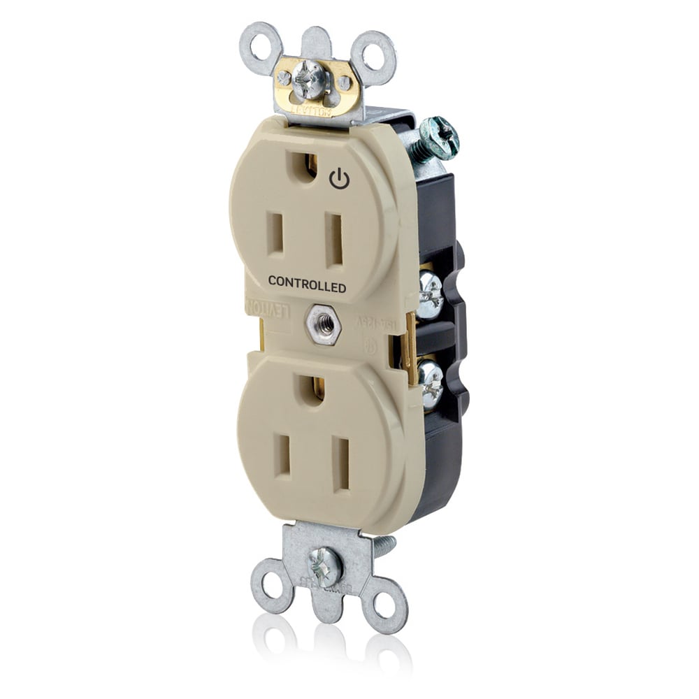 5262-S1I Heavy Duty Narrow Body Straight Blade Duplex Receptacle With 1 Plug Controlled Markings, 125 V AC, 15 A, 2 Poles, 3 Wires, Ivory