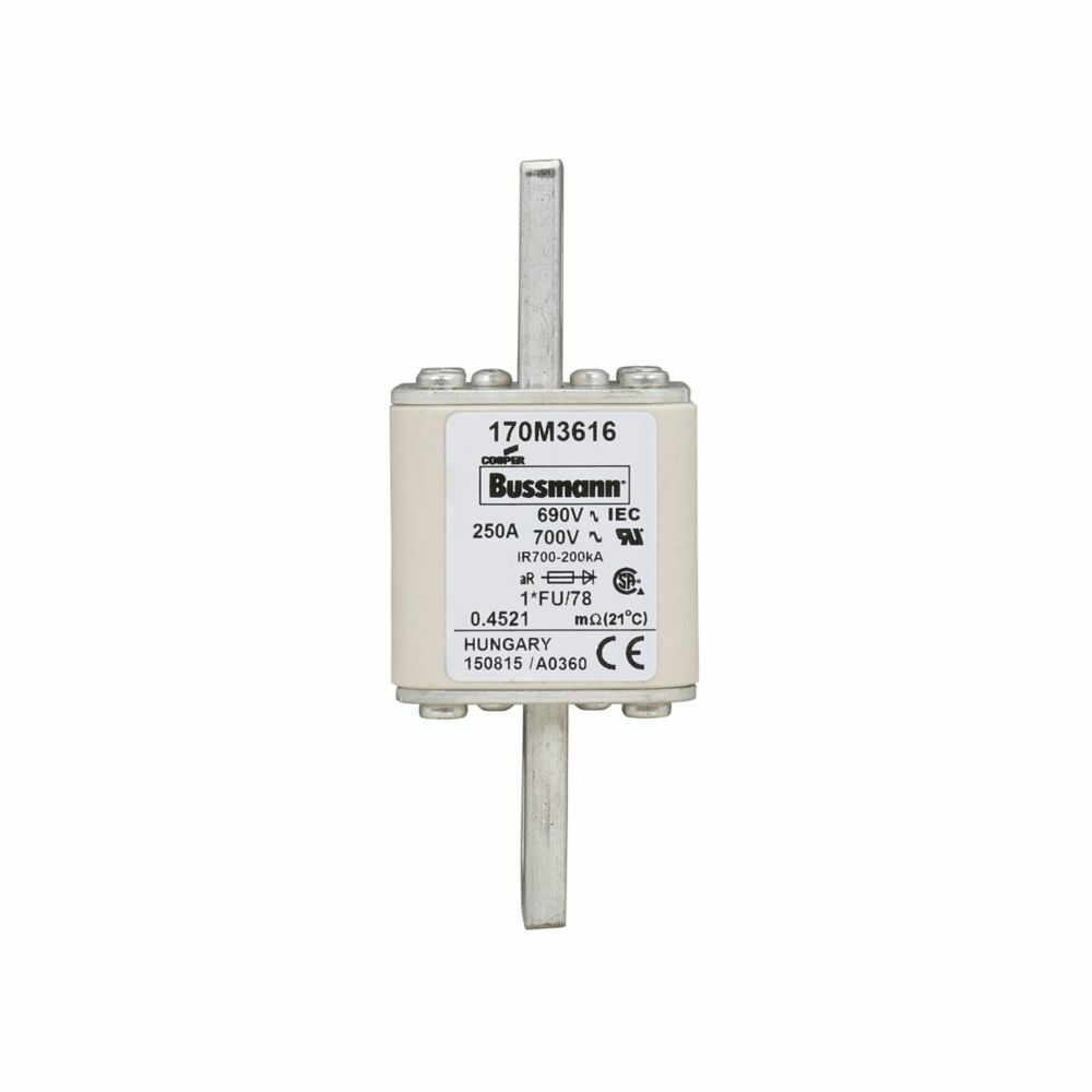 170M3616 Type FU US Style High Speed Fuse, 250 A, 690 V, 200 kA Interrupt, Class: aR, Square Body