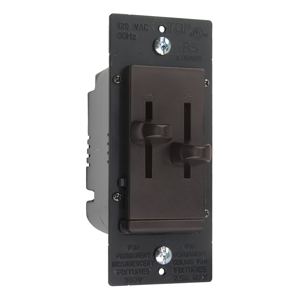 LSDV25V Wattstopper LS Series 1-Pole De-Hummer Variable Speed Fan Speed/Dimmer Control, 120 VAC, 2.5 A, Slide Operational Mode, Thermoplastic, Brown