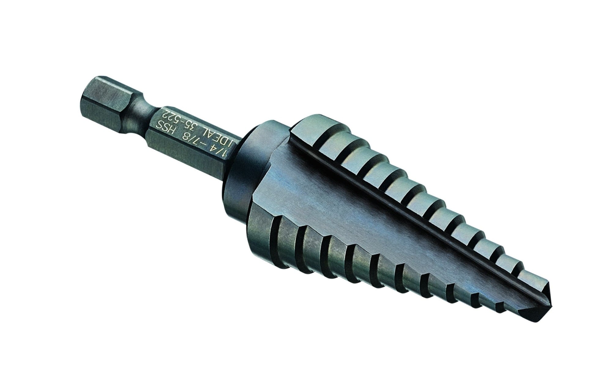 35-522 High Speed Quick Change Step Drill Bit, 1/4 in Dia Min Hole, 7/8 in Dia Max Hole, Steel, 11 Hole Sizes, 1/4 in Dia Shank
