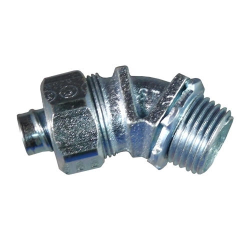 Liquid Tight Oiltight Raintight Conduit Connector With Plain Throat, 3/4 in Trade, 45 deg, Malleable Iron, Triple Coated