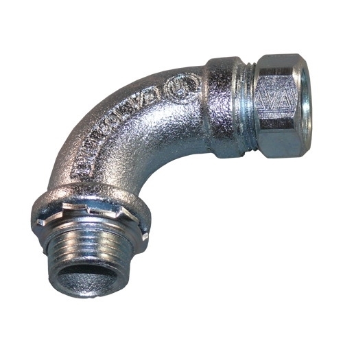 90 Degree Compression Long Connector; 1/2 Inch, MNPT x Compression, Malleable Steel Nut