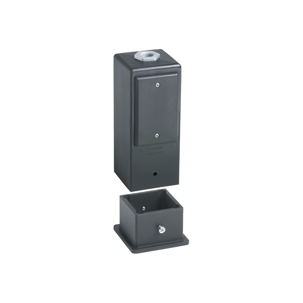 Gard-N-Post. 9" Post/ Deck Mount support for outdoor light fixtures and or a GFCI wiring device. two 1/2" knockouts. two piece design. Base mounts directly to deck or post. Post mounts to base with set screws. Metal Grounding bushing assembly included. Color White. Color Permanent, No chipping.
