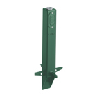 Gard-N-Post. 19.5" support for outdoor light fixtures. Built in stabilizers for extra stability. Openings in stabilizers allow for insertion of extra support material. Angle Cut post for easy access to underground wiring. one 1/2" Knockout to cover photocell installations. Color Green. Color is permanent, no chipping.