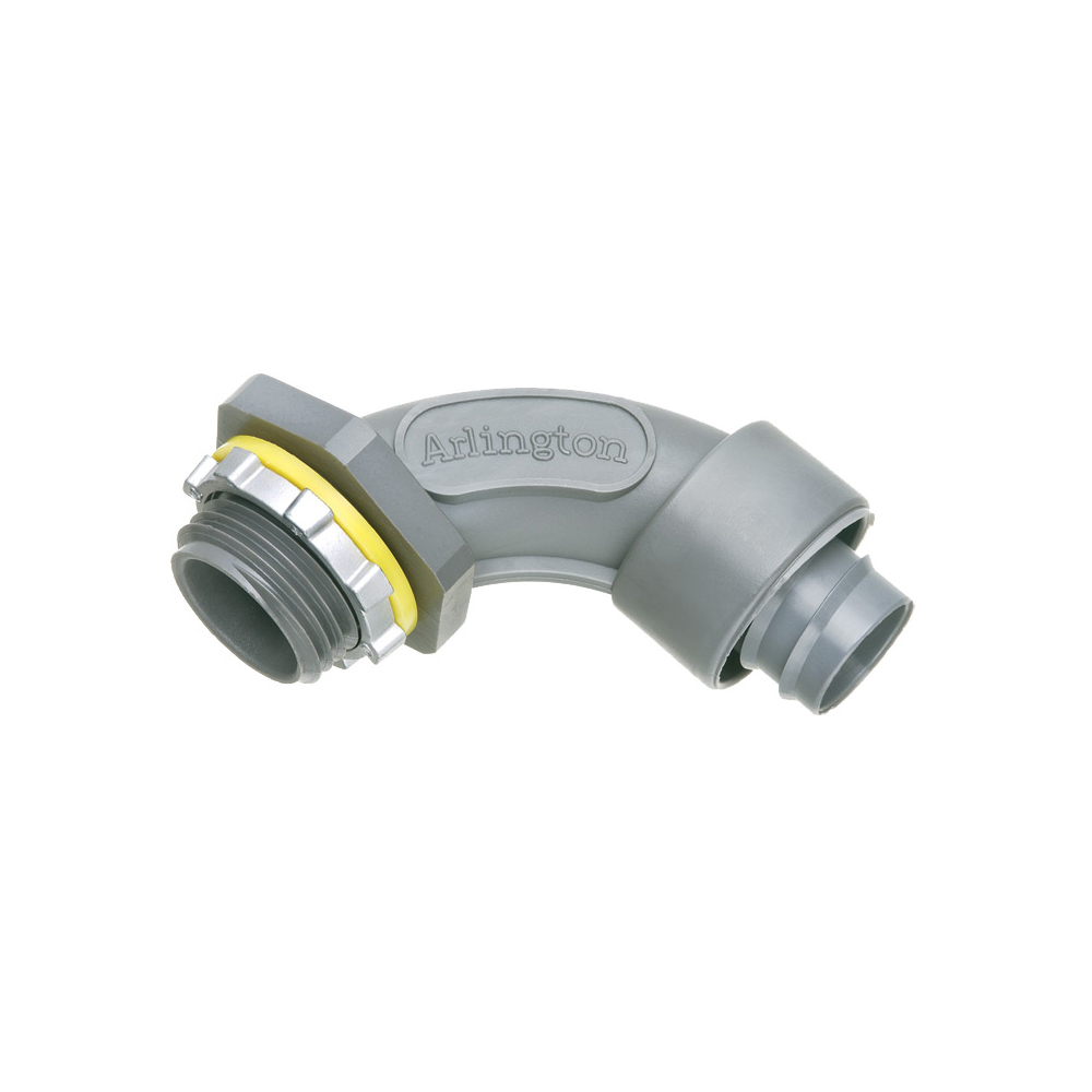 NMSC9075 Screw-On Liquid Tight Conduit Connector, 3/4 in Trade, 90 deg, Plastic