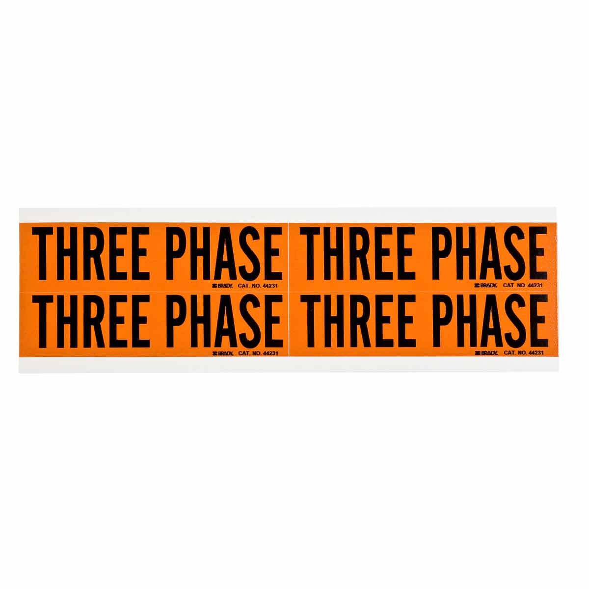 44231 B Style Rectangular Removable Rubber-Based Adhesive Conduit and Voltage Marker, 4-1/8 in W x 4-1/8 in L, THREE PHASE Legend, Black Legend, Orange Background, B-498 Vinyl Coated Fabric