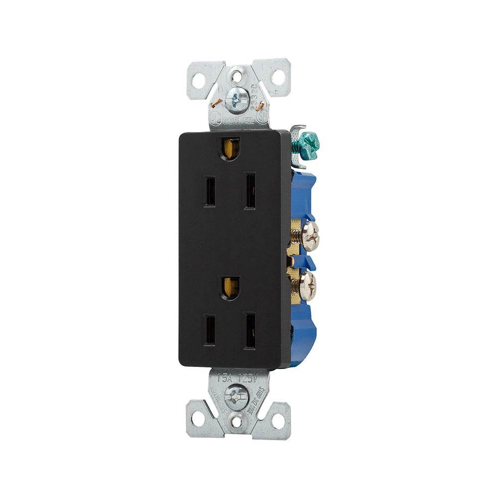 Eaton residential grade duplex receptacle, #14-10 AWG, 15A, Commercial, Residential, Flush, 125V, Side and push, Black, Brass, Impact-resistant thermoplastic, 5-15R, Duplex, Screw, Thermoplastic, ED Box