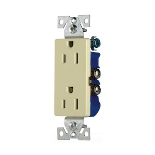 Eaton residential grade duplex receptacle, #14-10 AWG, 15A, Decorator, Commercial,Residential, Flush, 125V, Side and push, Almond, Brass, Impact-resistant thermoplastic, 5-15R, Duplex, Screw, Thermoplastic, Core pack