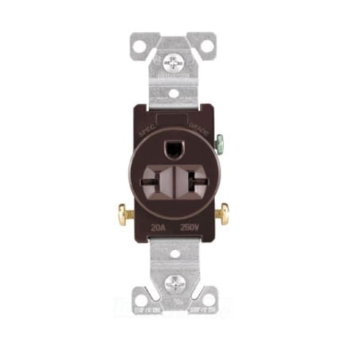 Eaton commercial specification grade single receptacle, #14-10 AWG, 20A, Commercial, Flush, 250V, Side wire, Brown, Brass, Nylon face, PVC bottom, 6-20R, Single, Screw, PVC, ED Box