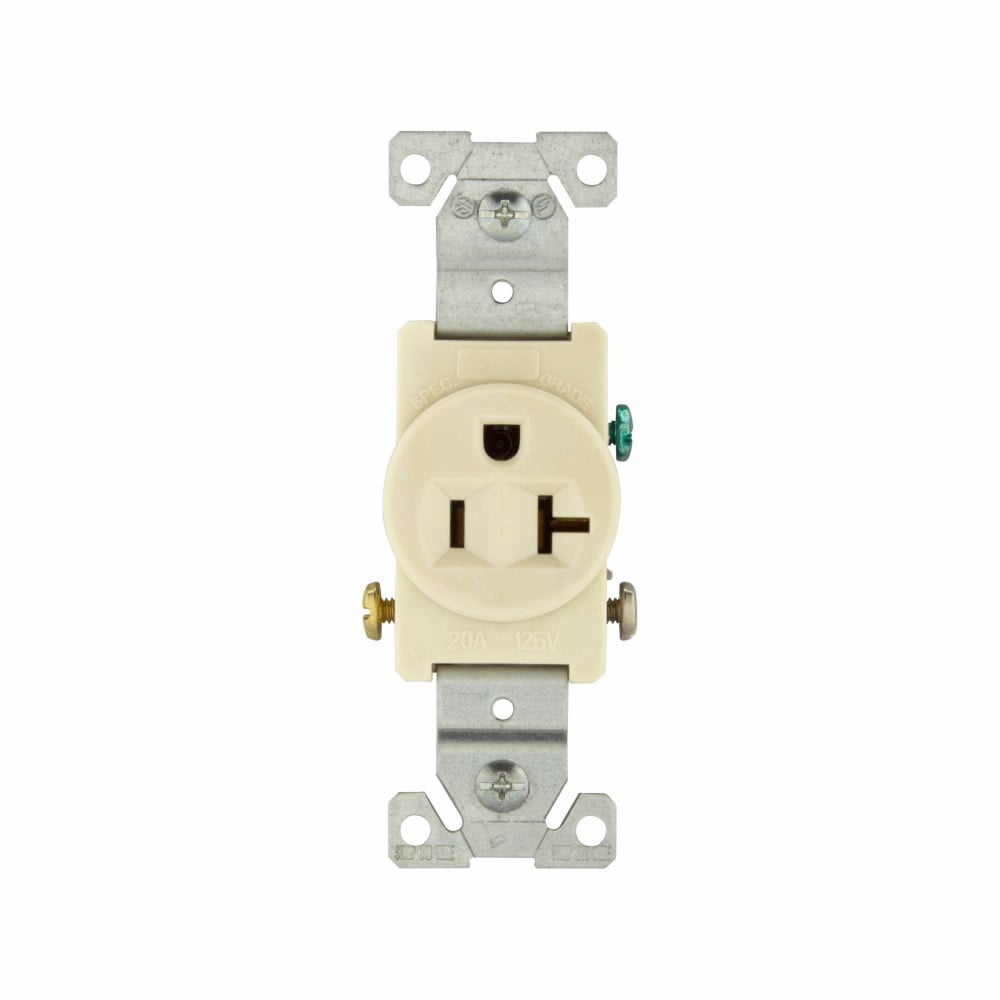 Eaton commercial specification grade single receptacle, #14-10 AWG, 20A, Commercial, Flush, 125V, Side wire, Almond, Brass, Nylon face, PVC bottom, 5-20R, Single, Screw, PVC, Core pack