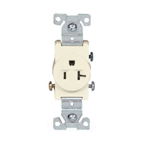 Eaton commercial specification grade single receptacle, #14-10 AWG, 20A, Commercial, Flush, 125V, Side wire, Light almond, Brass, Nylon face, PVC bottom, 5-20R, Single, Screw, PVC, Core pack