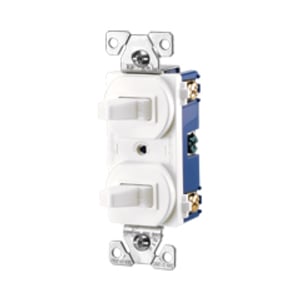 Eaton commercial grade combination switch, Stand, #14 - #12 AWG, 15A, Commer, 120/277V, bk and sd wiring, togg, Maint closure, Screw, Brass, wht, -20-60?C, (2) 3-way, dplx, thermoplas