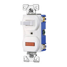 Eaton commercial grade combination switch, Neon pil lgt, Stand, #14 - #12 AWG, 15A, Commer, 120V (Switch), 125V (pil lgt), bk and sd wiring, togg, Maint closure, Screw, Brass, Brown, -20-60?C, 1-pole, dplx, thermoplas, 1 / 25W