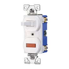 Eaton commercial grade combination switch, Neon pil lgt, Stand, #14 - #12 AWG, 15A, Commer, 120V (Switch), 125V (pil lgt), bk and sd wiring, togg, Maint closure, Screw, Brass, Ivy, -20-60?C, 3-way, dplx, thermoplas, 1 / 25W