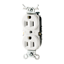 Eaton residential grade duplex receptacle, #14 AWG, 15A, Commercial, Residential, Flush, 125V, Push wire, White, Brass, High-impact thermoplastic, 5-15R, Duplex, Screw, Thermoplastic