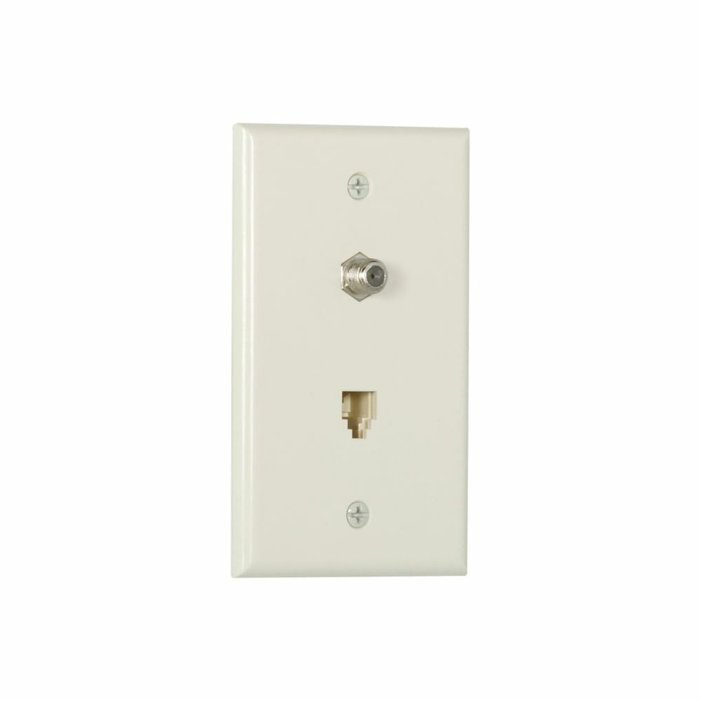 Telephone Jack and Coaxial Adapter Wallplate, Light almond, Thermoplastic, Surface, Standard, 4-conductor jack and coax adapter, Type F, RJ11, RJ14, Combination