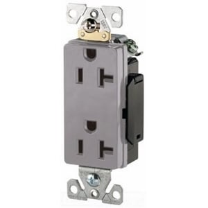 Eaton Arrow Hart extra heavy-duty industrial specification grade decorator duplex receptacle, #14-10 AWG, 20A, Industrial, Flush, 125V, Back and side, Gray, Brass, Glass filled Nylon, 5-20R, Duplex, Screw, Glass-filled nylon, Core pack