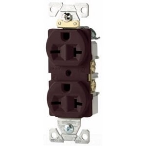 Eaton commercial specification grade duplex receptacle, #14-10 AWG, 20A, Commercial, Flush, 250V, Side wire, Brown, Brass, Nylon, 6-20R, Duplex, Screw, PVC, ED Box
