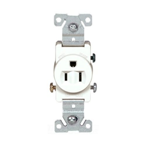 Eaton commercial specification grade single receptacle, #14-10 AWG, 15A, Commercial, Flush, 125V, Side wire, White, Brass, Nylon, 5-15R, Single, Screw, PVC, ED Box