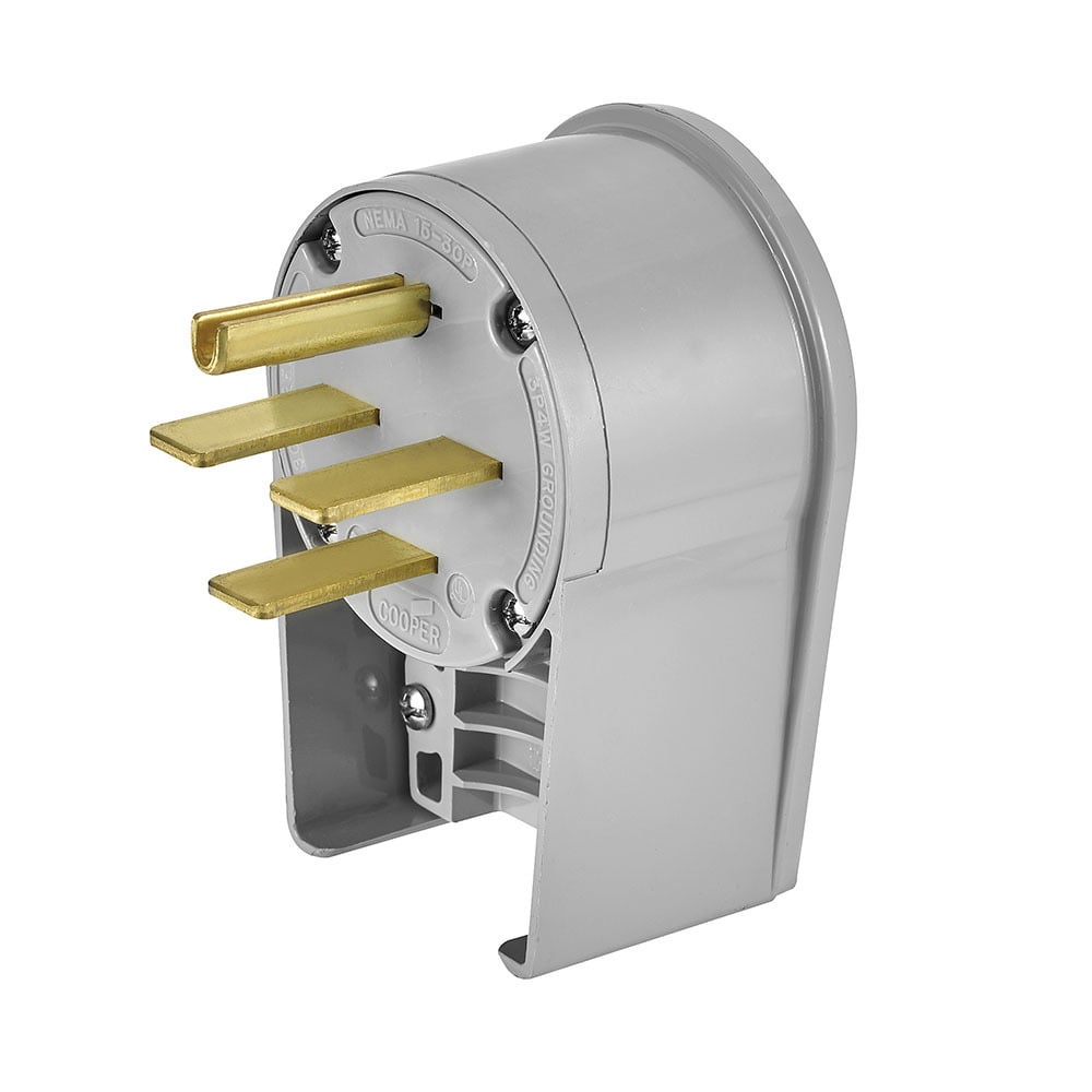 Eaton Arrow Hart extra heavy-duty angled plug , #12-4 AWG, 30A, Industrial, range and dryer, 250V, Back wire, Gray, Brass, Nylon, 15-30P, Three-pole, four-wire, grounding, Screw, Nylon, Core pack
