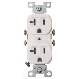 Eaton commercial specification grade duplex receptacle, #14-10 AWG, 20A, Commercial, Flush, 125V, Side wire, White, Brass, Nylon, 5-20R, Duplex, Screw, Nylon, ED Box