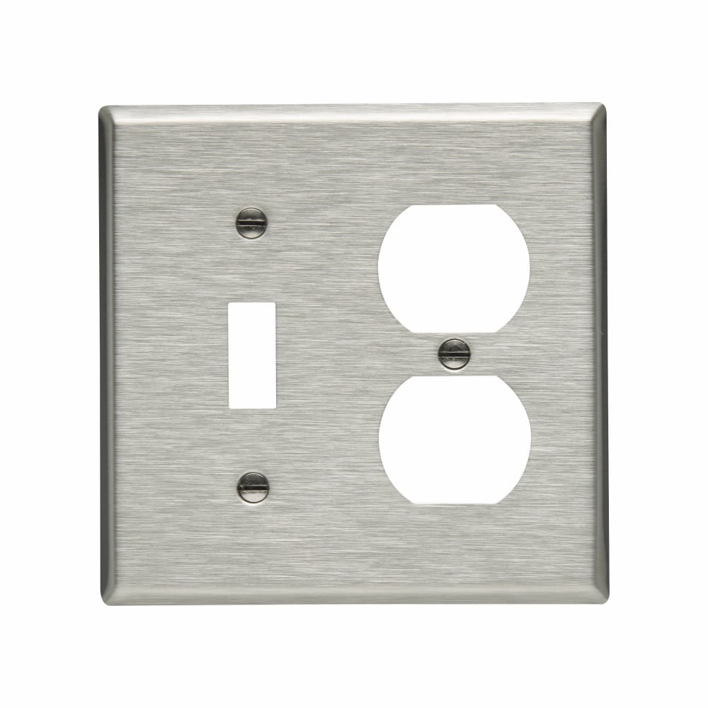 Eaton Combination wallplate, Stainless steel, Toggle, Duplex receptacle Cutout, Stainless steel, Two- gang, Standard, ED Box