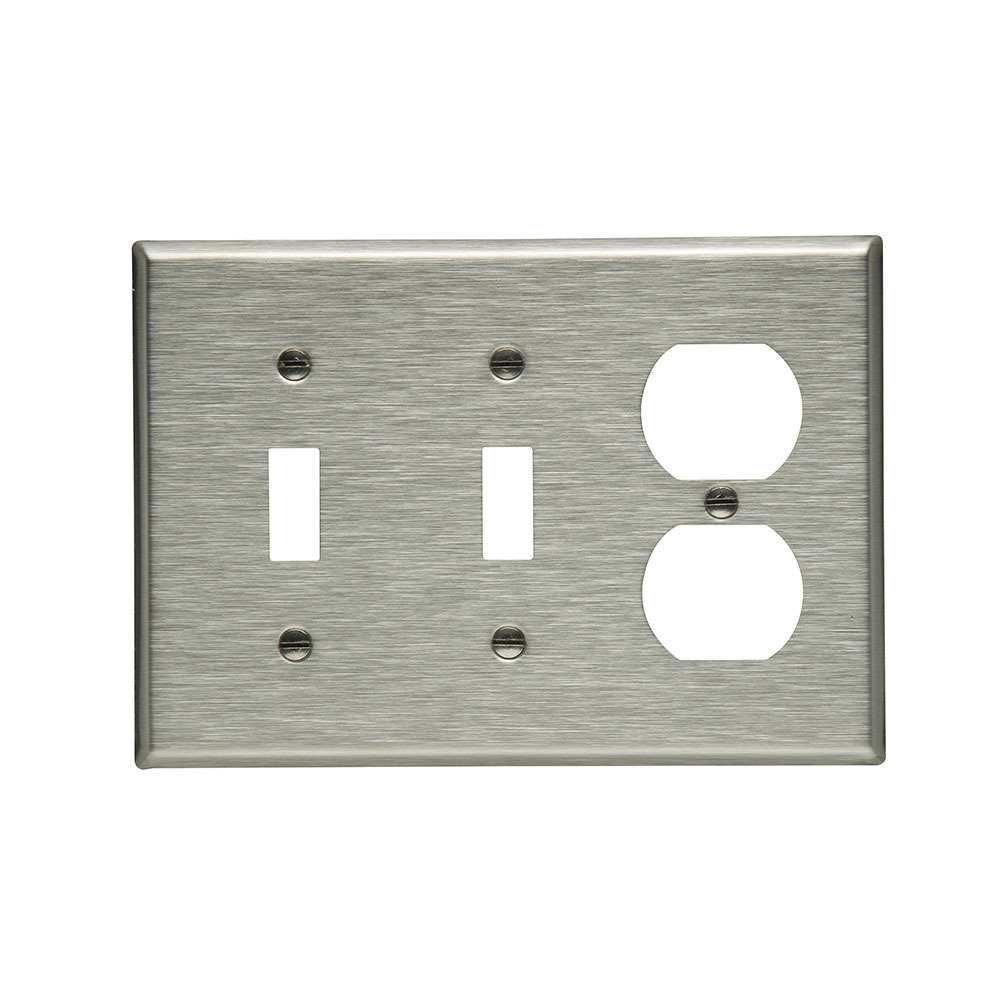 Eaton Combination wallplate, Stainless steel, Toggle, Toggle, Duplex receptacle Cutout, Stainless steel, Three- gang, Standard, ED Box