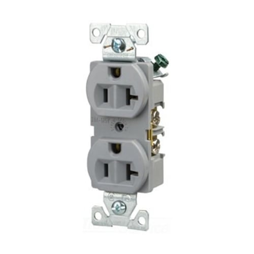 Eaton commercial specification grade duplex receptacle, #14-10 AWG, 20A, Commercial, Flush, 125V, Back and side, Gray, Brass, High-impact nylon, PVC, 5-20R, Duplex, Screw, PVC, Core pack
