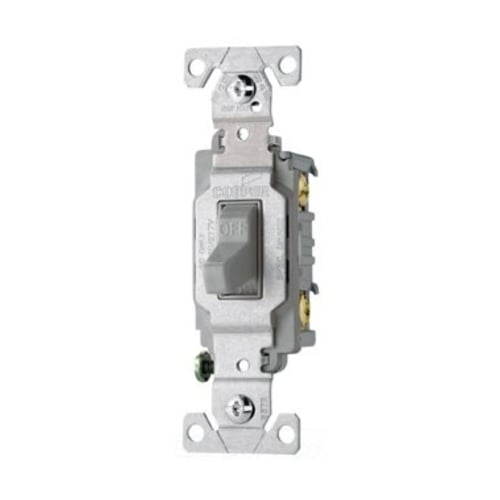 Eaton commercial grade toggle switch, #14-10 AWG, 15A, Commercial, Flush, 120/277V, Side wire, Screw, Gray, Load type: Motor Control, Fan, LED, Incandescent, ELV, MLV, CFL, Flourescent, Halogen, Single-Pole, Single-Pole, Brass, PVC
