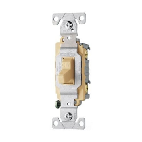 Eaton commercial grade toggle switch, #14-10 AWG, 15A, Commercial, Flush, 120/277V, Side wire, Screw, Ivory, Load type: Motor Control, Fan, LED, Incandescent, ELV, MLV, CFL, Flourescent, Halogen, Single-Pole, Single-Pole, Brass, PVC