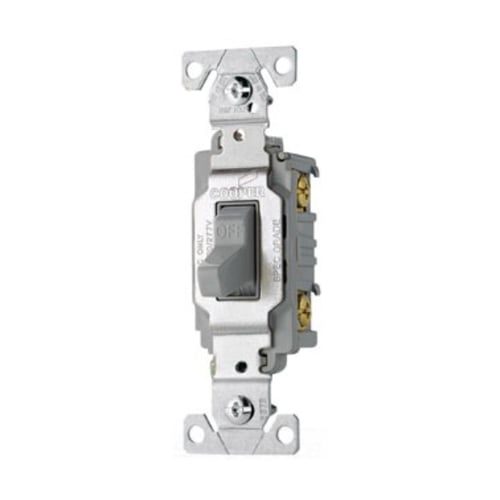 Eaton commercial grade toggle switch, #14-10 AWG, 20A, Commercial, Flush, 120/277V, Side wire, Screw, Gray, Load type: Motor Control, Fan, LED, Incandescent, ELV, MLV, CFL, Flourescent, Halogen, Single-Pole, Single-Pole, Brass, PVC