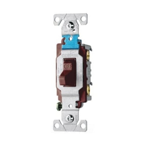 Eaton commercial grade toggle switch, #14-10 AWG, 15 A, Commercial, Flush mount, 120/277V, Side wire, Screw, Brown, Load type: Motor Control, Fan, LED, Incandescent, ELV, MLV, CFL, Flourescent, Halogen, Double-Pole, Dual-pole, Brass, PVC