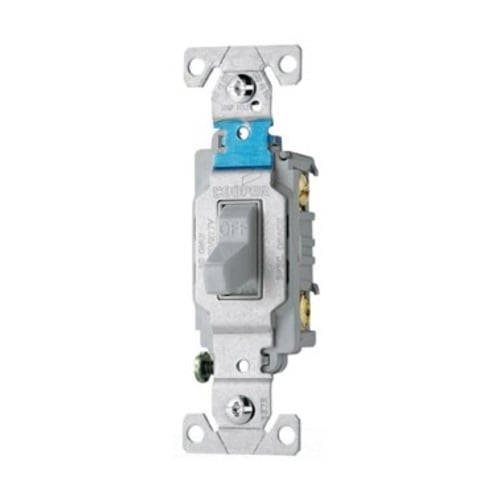 Eaton commercial grade toggle switch, #14-10 AWG, 15 A, Commercial, Flush mount, 120/277V, Side wire, Screw, Gray, Load type: Motor Control, Fan, LED, Incandescent, ELV, MLV, CFL, Flourescent, Halogen, Double-Pole, Dual-pole, Brass, PVC